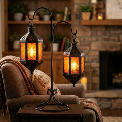 Hanging Moroccan Decorative Candle Lantern Holders for Outdoor Décor - Amber Orange Hanging - PT06