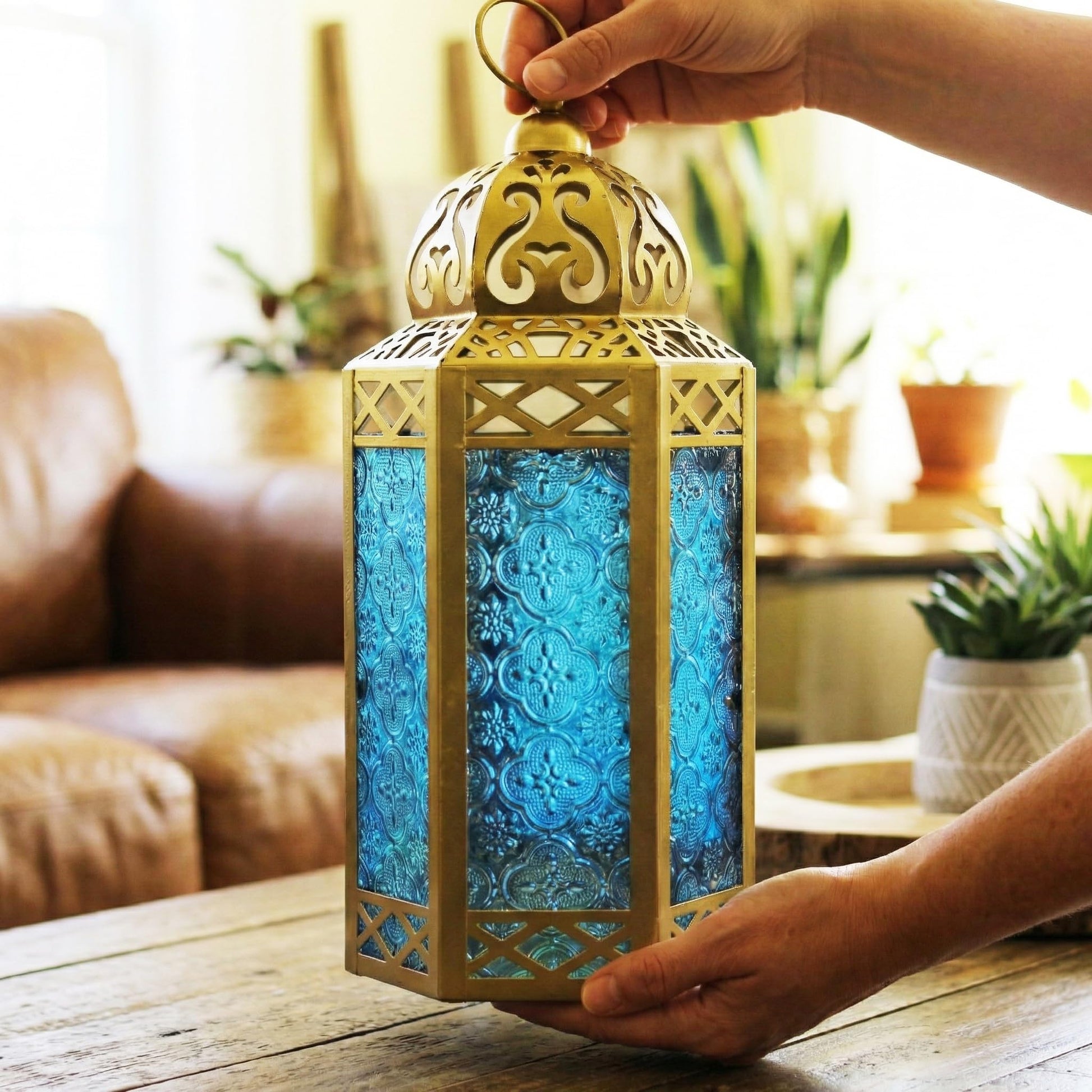 Gold Metal Decorative Moroccan Lantern Candle Holder Lamp - Indoor/Outdoor, Home Decor, Patio, Weddings, Christmas - Gold/Blue Large - PT04