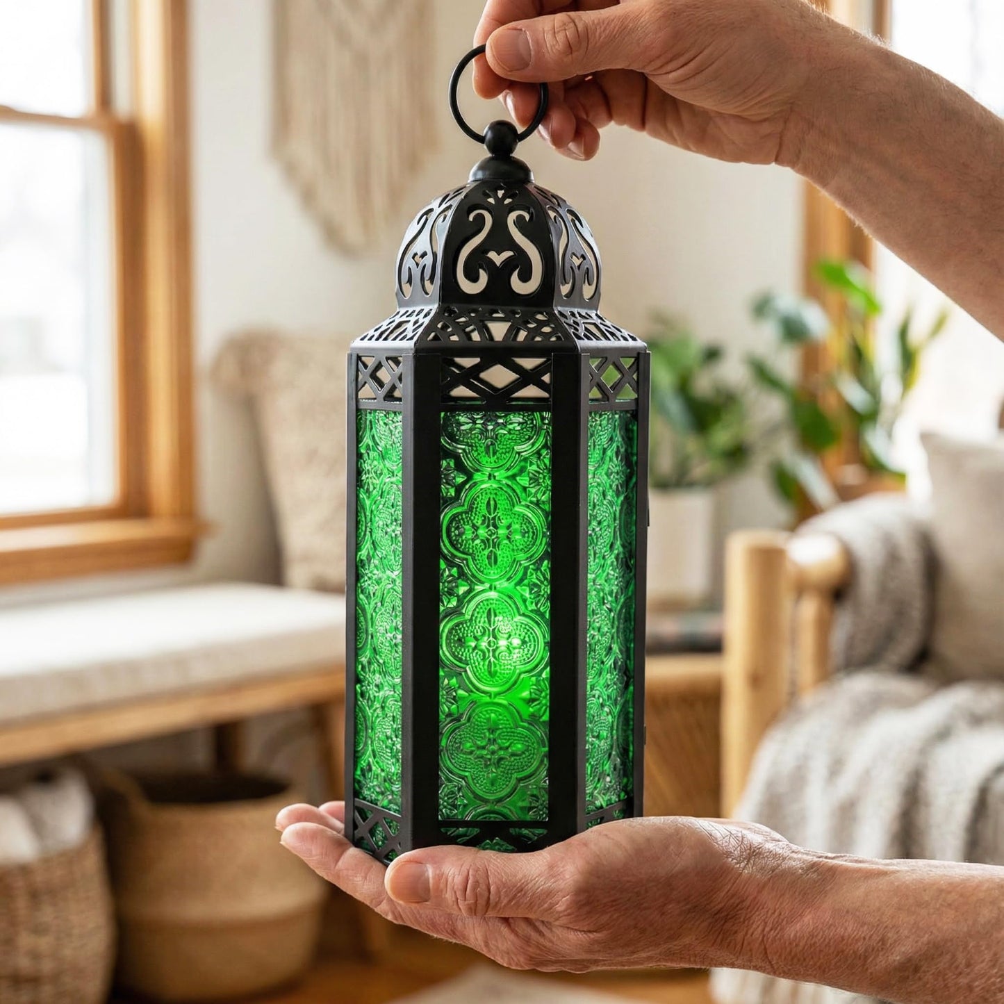 Metal Moroccan Decorative LED Fairy Lights Candle Lantern Holders for Indoor Home Fantasy Decor, Table Centerpieces, Outdoor Patio or Porch, Weddings, Medium - Green Medium - PT03