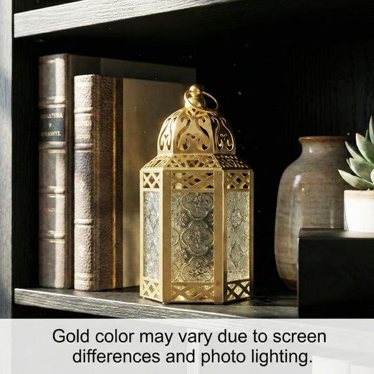 Gold Metal Decorative Moroccan Lantern Candle Holder Lamp - Indoor/Outdoor, Home Decor, Patio, Weddings, Christmas - Gold Small - PT01