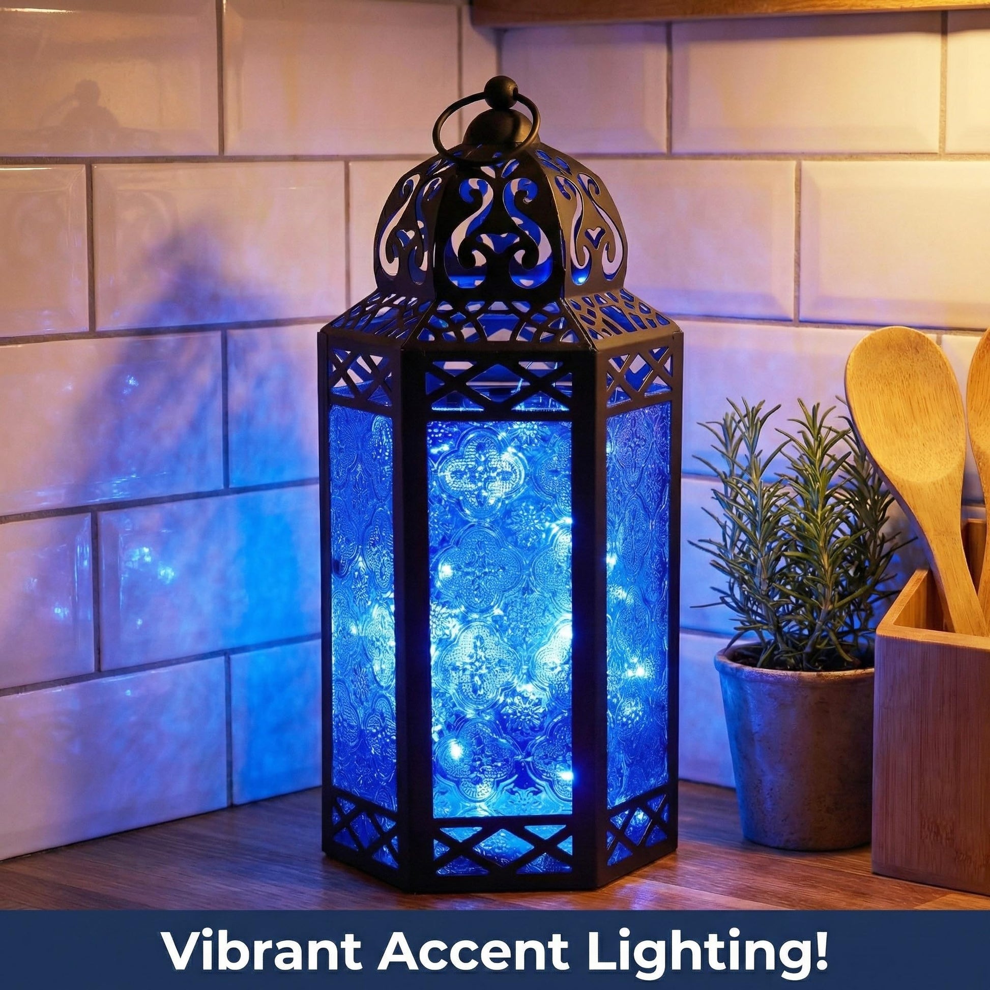 Metal Moroccan Decorative LED Fairy Lights Candle Lantern Holders for Indoor Home Fantasy Decor, Table Centerpieces, Outdoor Patio or Porch, Weddings, Medium - Blue Large - PT06