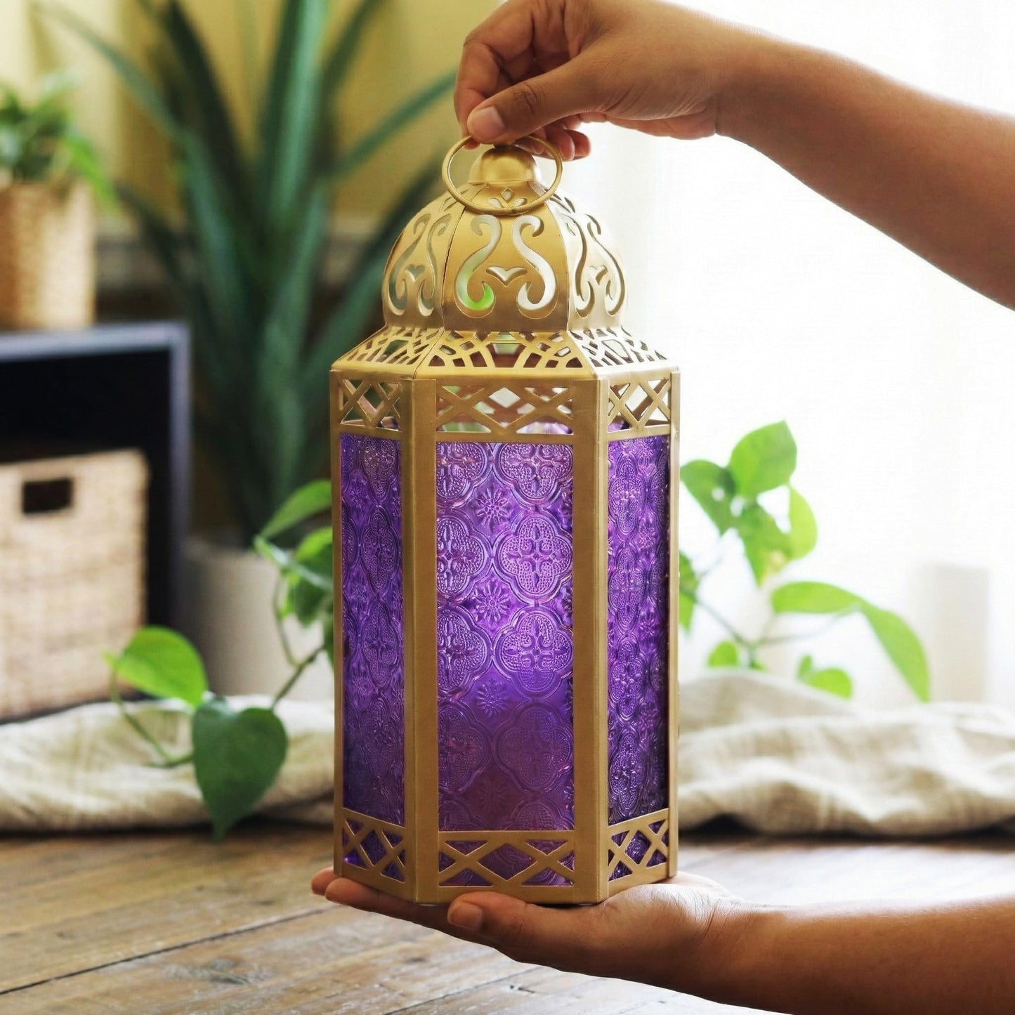 Gold Metal Decorative Moroccan Lantern Candle Holder Lamp - Indoor/Outdoor, Home Decor, Patio, Weddings, Christmas - Gold/Purple Large - PT05