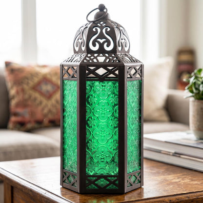Black Metal Decorative Moroccan Lantern Candle Holder Lamp - Indoor/Outdoor, Home Decor, Patio, Weddings, Christmas - Green Large - PT08