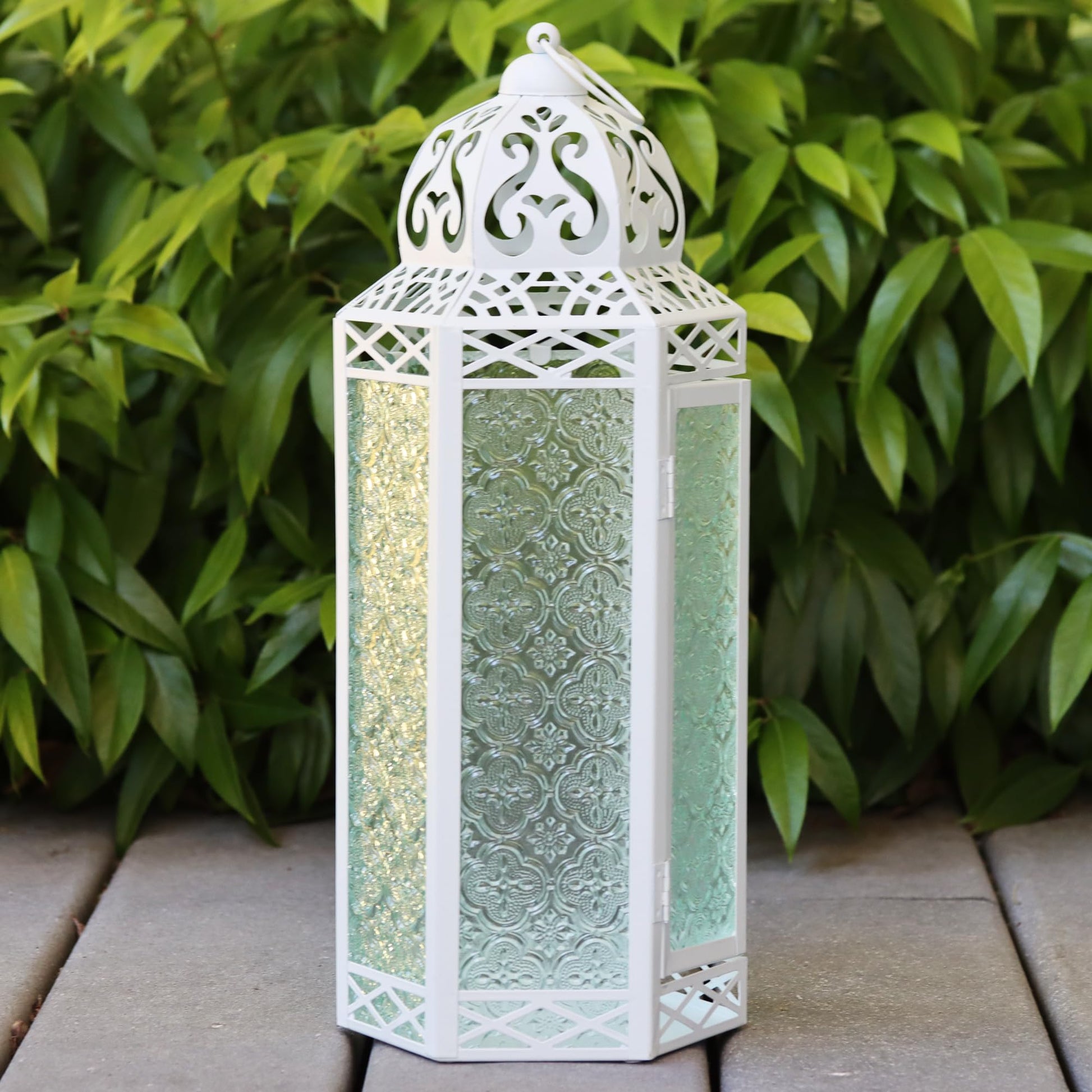 Black Metal Decorative Moroccan Lantern Candle Holder Lamp - Indoor/Outdoor, Home Decor, Patio, Weddings, Christmas - White/Clear Extra Large - PT01