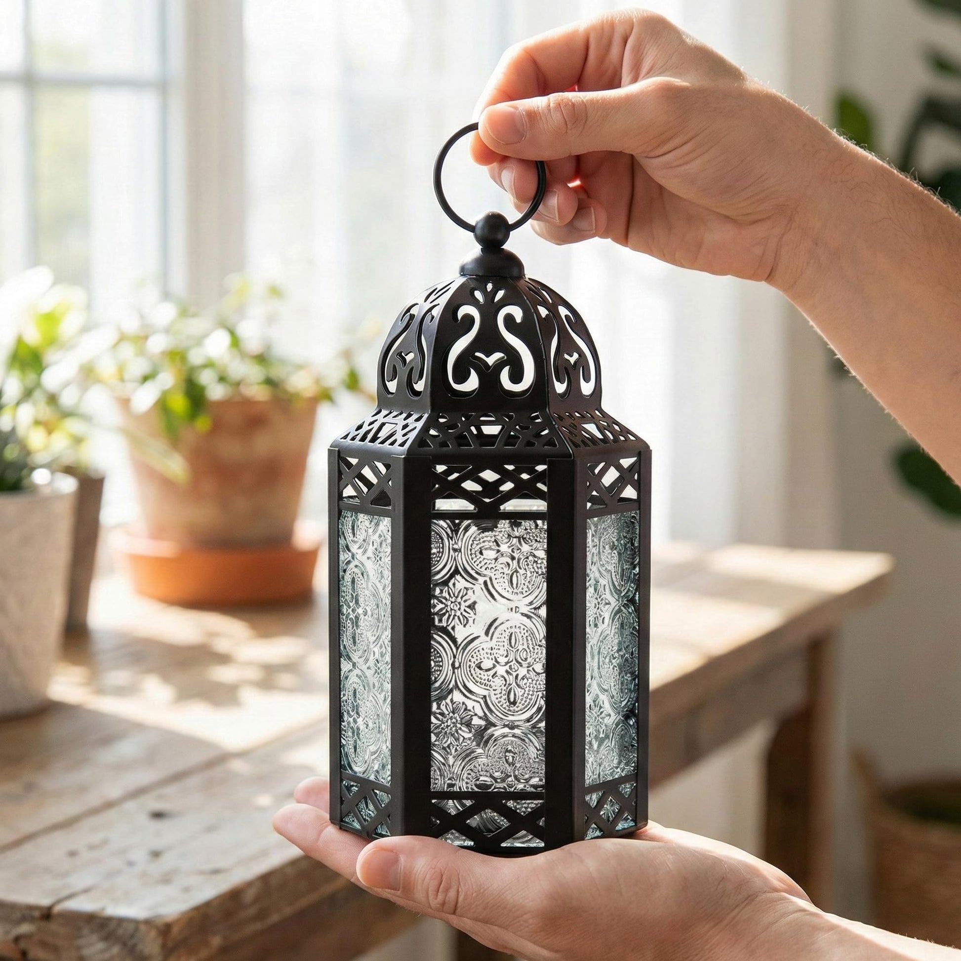 Black Metal Decorative Moroccan Lantern Candle Holder Lamp - Indoor/Outdoor, Home Decor, Patio, Weddings, Christmas - Clear Small - PT05