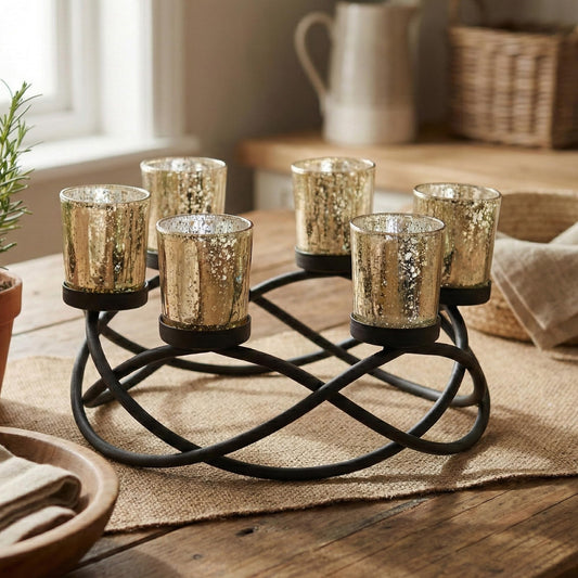 Iron Round Table Decor Centerpiece Decorations Candle Holder for Weddings, Outdoor Patio, Kitchen, Dining Room, and Coffee Tables, Glass Votive Tealight Holders - Black/Gold 6-Cup - MAIN