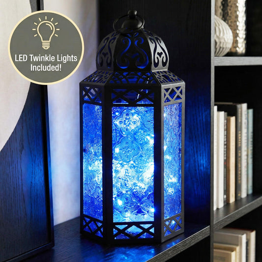 Metal Moroccan Decorative LED Fairy Lights Candle Lantern Holders for Indoor Home Fantasy Decor, Table Centerpieces, Outdoor Patio or Porch, Weddings, Medium - Blue Large - PT01