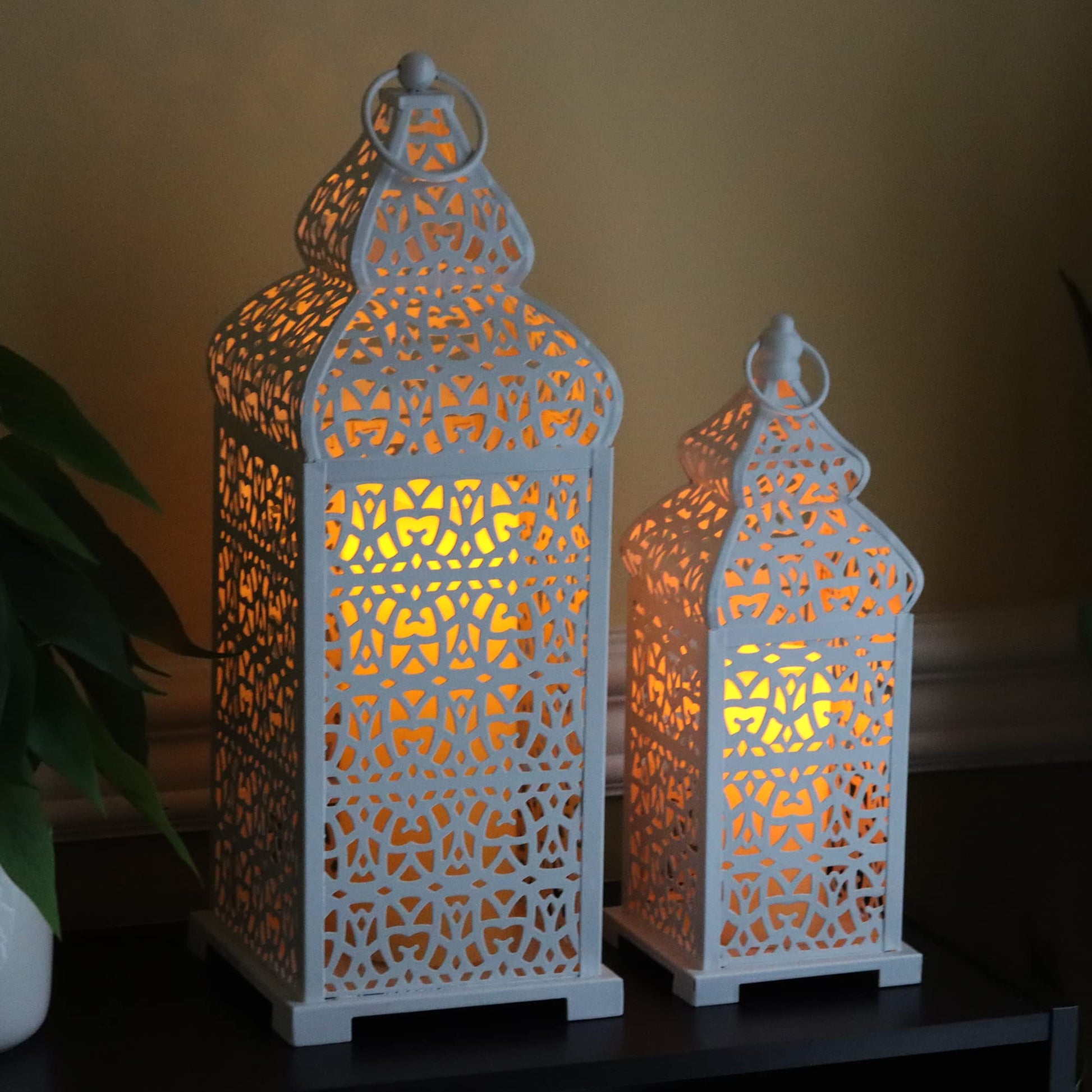 Large Temple Moroccan Lantern Lamp Decorative Candle Holders for Ramadan Decorations, Hanging, Outdoor Patio or Porch, Indoor Home Decor, Weddings, White, Set o - White 11" and 15" - PT07