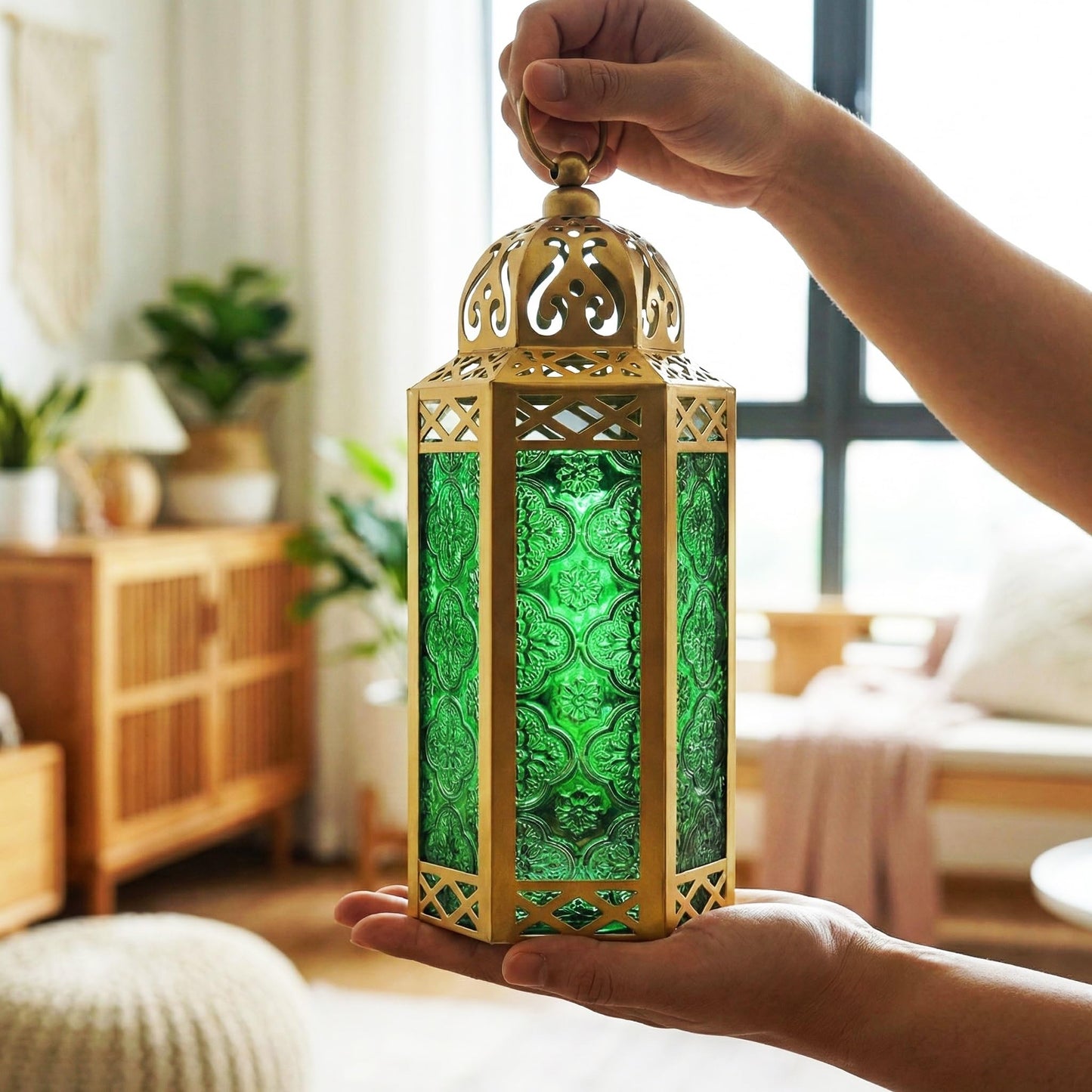 Gold Metal Decorative Moroccan Lantern Candle Holder Lamp - Indoor/Outdoor, Home Decor, Patio, Weddings, Christmas - Gold/Green Medium - PT04