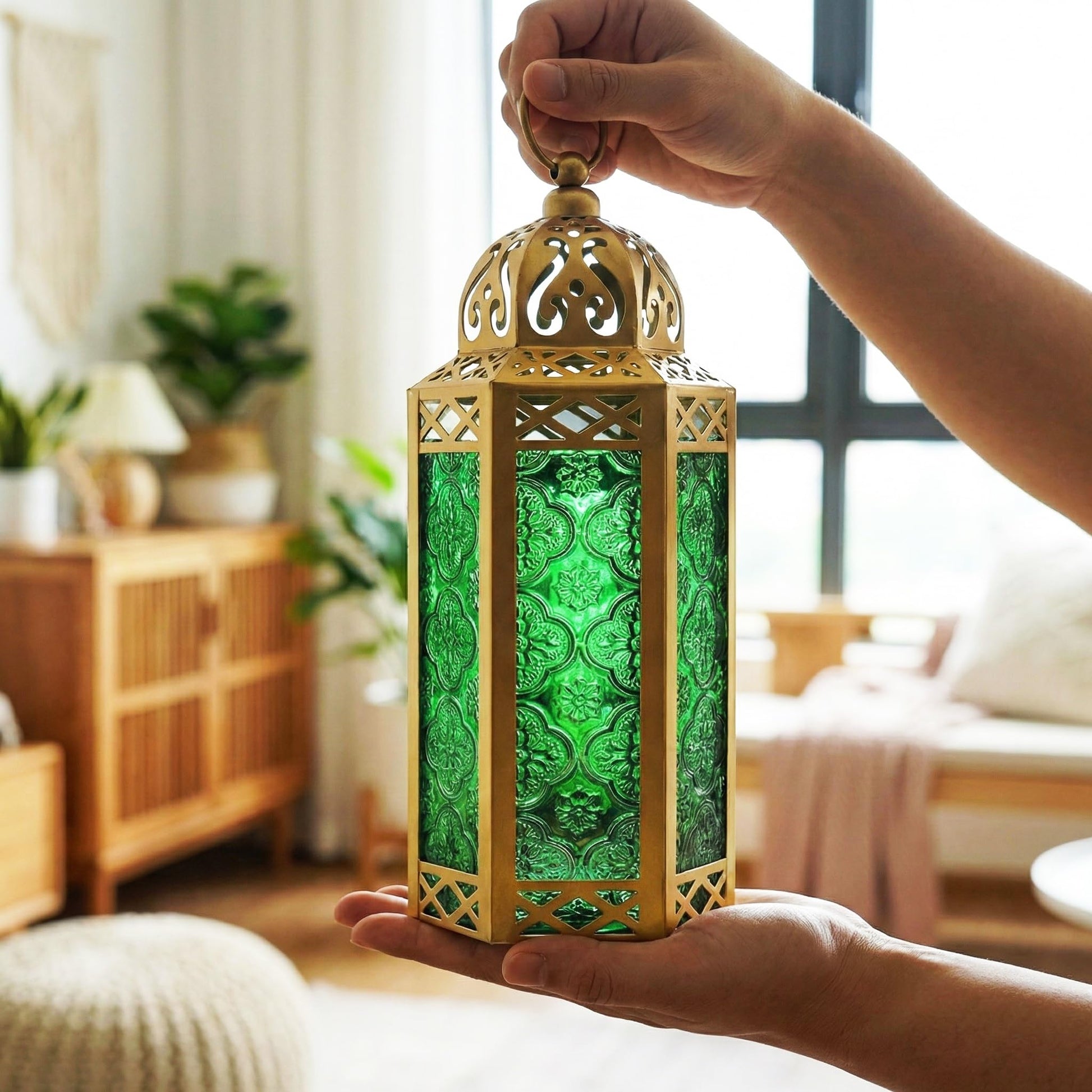 Gold Metal Decorative Moroccan Lantern Candle Holder Lamp - Indoor/Outdoor, Home Decor, Patio, Weddings, Christmas - Gold/Green Medium - PT04