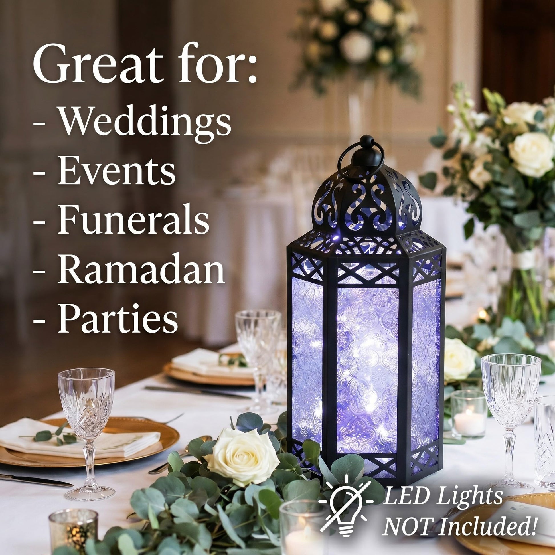 Black Metal Decorative Moroccan Lantern Candle Holder Lamp - Indoor/Outdoor, Home Decor, Patio, Weddings, Christmas - Clear Large - PT02