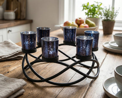 Halloween Candle Holder Centerpiece Decoration – Black Metal Iron 6-Cup Votive Tealight Holder for Spooky Table Gothic Decor, Kitchen & Dining Room, Coffee Tabl - Black 6-Cup - MAIN