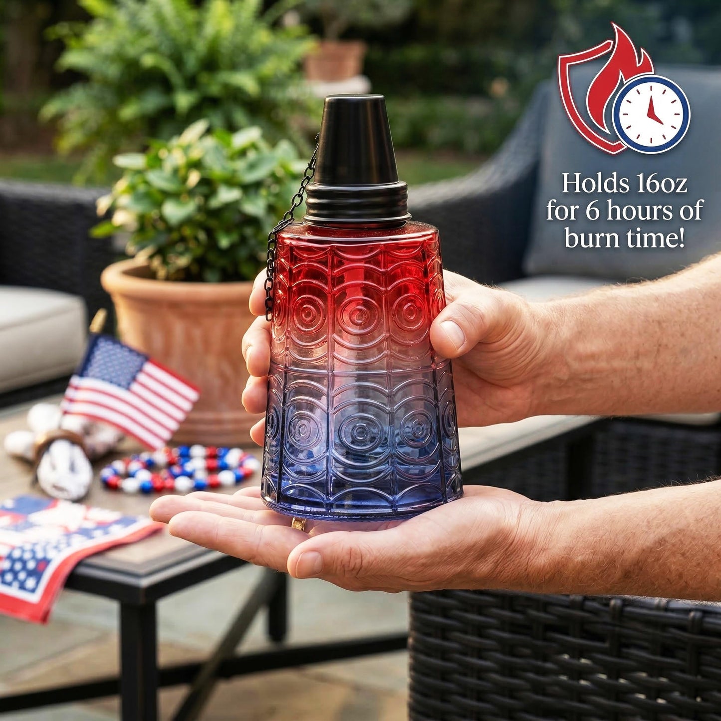 Citronella Table Top Torches for Outdoor Patio, 16oz Decorative Glass Torch Citronella Candles for Outside Deck, Garden, Parties, Set of 3, Red/White/Blue - Red/White/Blue - PT03