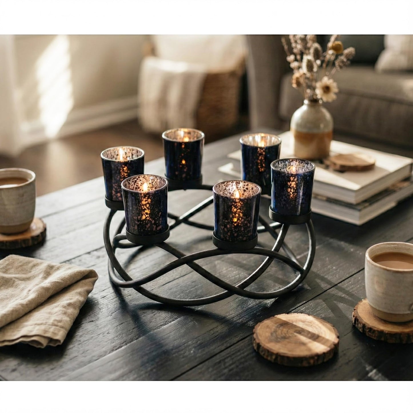 Halloween Candle Holder Centerpiece Decoration – Black Metal Iron 6-Cup Votive Tealight Holder for Spooky Table Gothic Decor, Kitchen & Dining Room, Coffee Tabl - Black 6-Cup - PT02