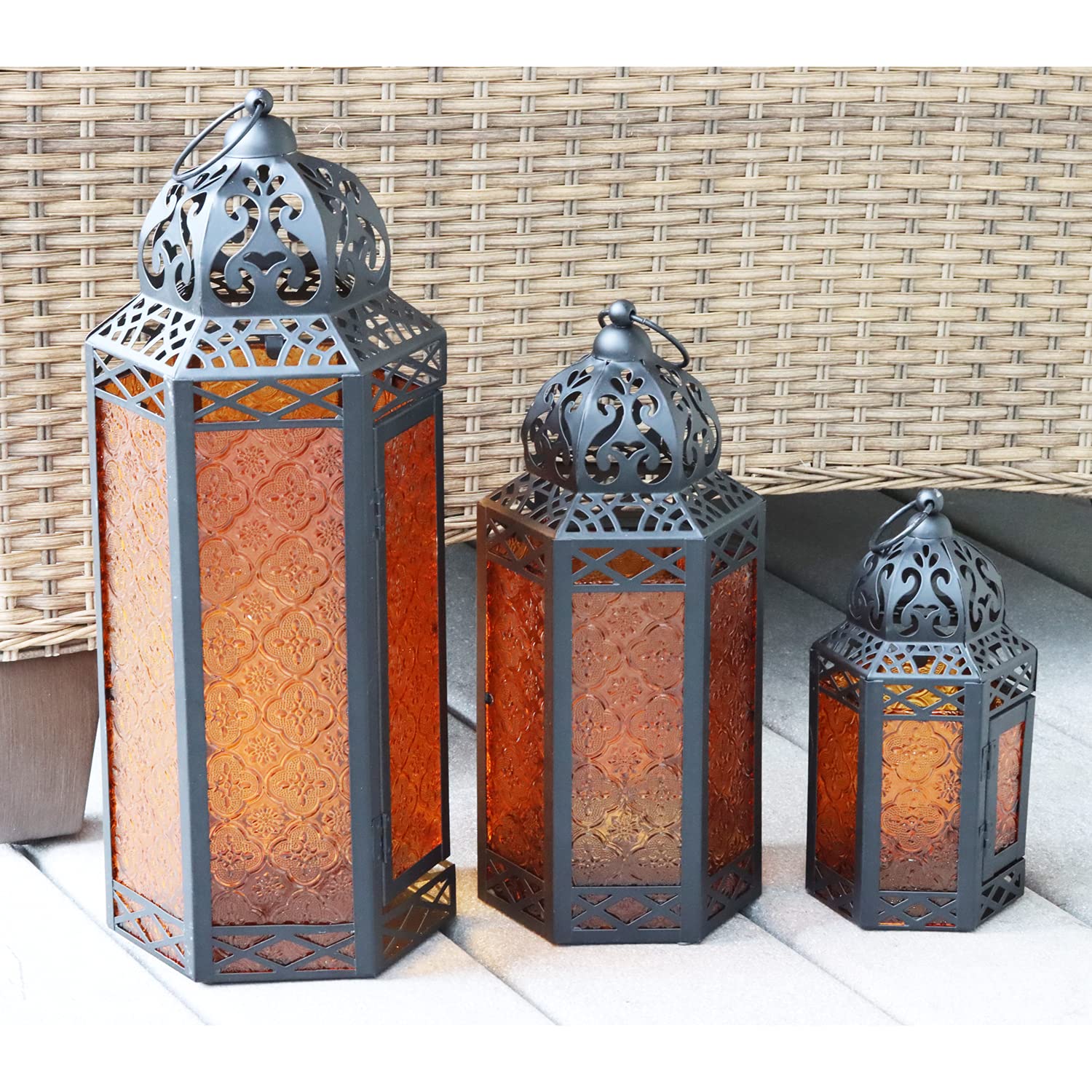 Set of 3 Amber/Orange Glass & Black Metal Moroccan Candle Lantern Holders (XL, Large, Small) - Decorative Indoor/Outdoor Decor for Patio, Floor, Weddings & Rama - Amber XL-LAR-SM - PT02