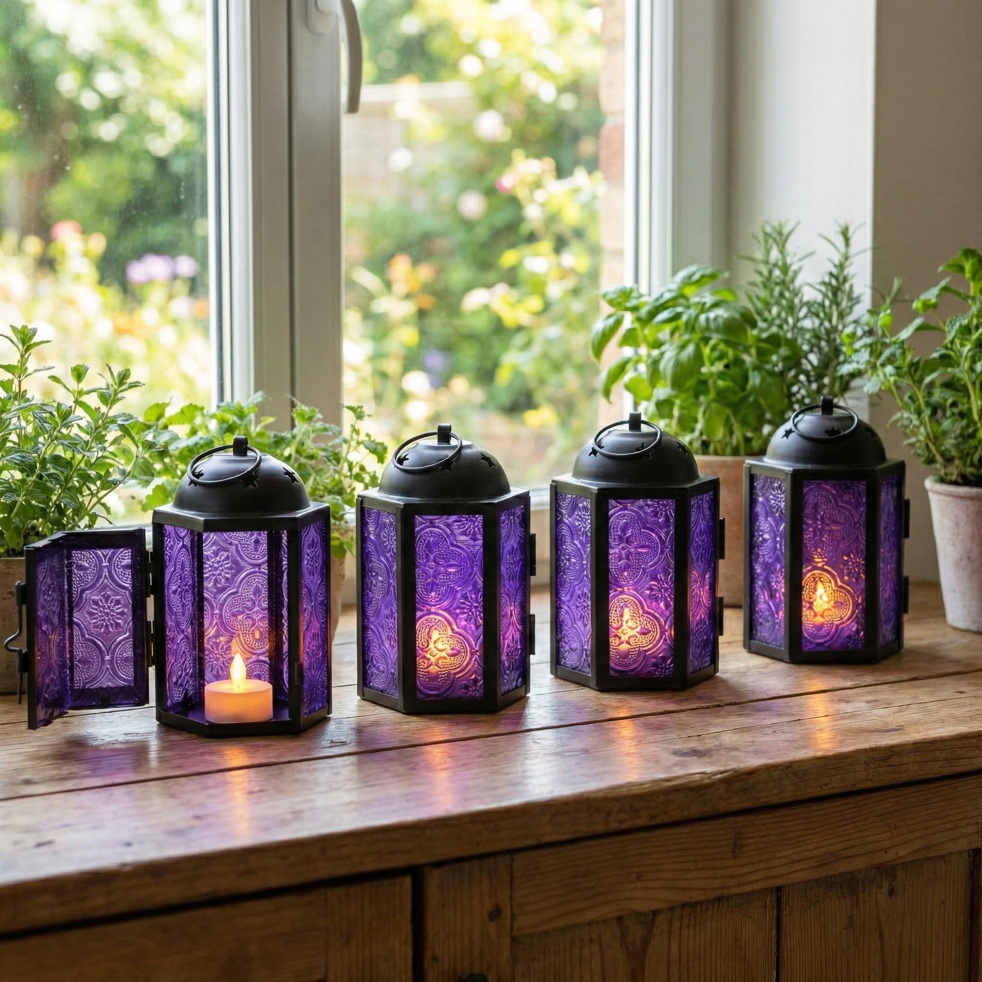 Mini Moroccan Tea Light Candle Holder Lanterns – 4.25" Small Decorative Lantern for Table or Hanging, Metal with Glass Panels – Ramadan, Wedding, Home Decor, Ro - Royal Purple 4 - PT03