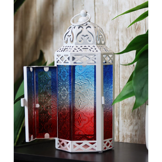 Black Metal Decorative Moroccan Lantern Candle Holder Lamp - Indoor/Outdoor, Home Decor, Patio, Weddings, Christmas - Red/White/Blue Medium - PT01