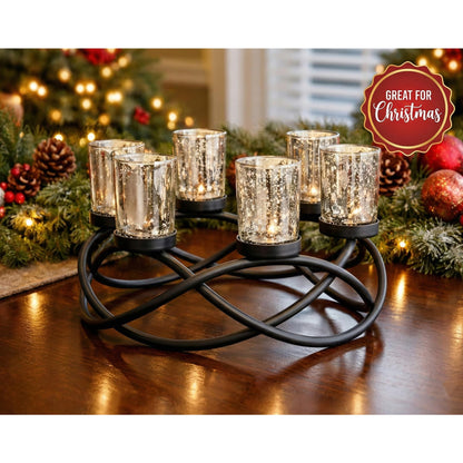 Iron Round Table Decor Christmas Centerpiece Decorations Candle Holder for Weddings, Outdoor Patio, Dining Room, and Coffee Tables, Glass Votive Tealight Holder - Black/Silver 6-Cup - PT05