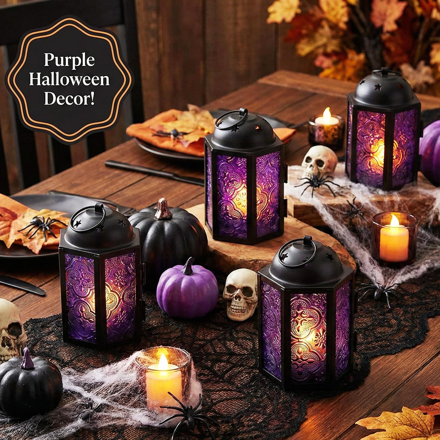 Mini Moroccan Tea Light Candle Holder Lanterns – 4.25" Small Decorative Lantern for Table or Hanging, Metal with Glass Panels – Ramadan, Wedding, Home Decor, Ro - Royal Purple 4 - PT07