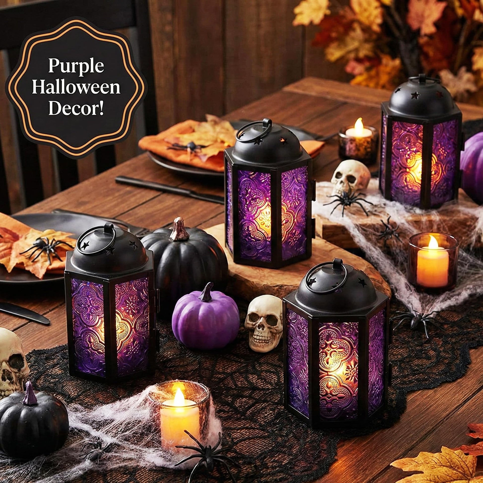 Mini Moroccan Tea Light Candle Holder Lanterns – 4.25" Small Decorative Lantern for Table or Hanging, Metal with Glass Panels – Ramadan, Wedding, Home Decor, Ro - Royal Purple 4 - PT07