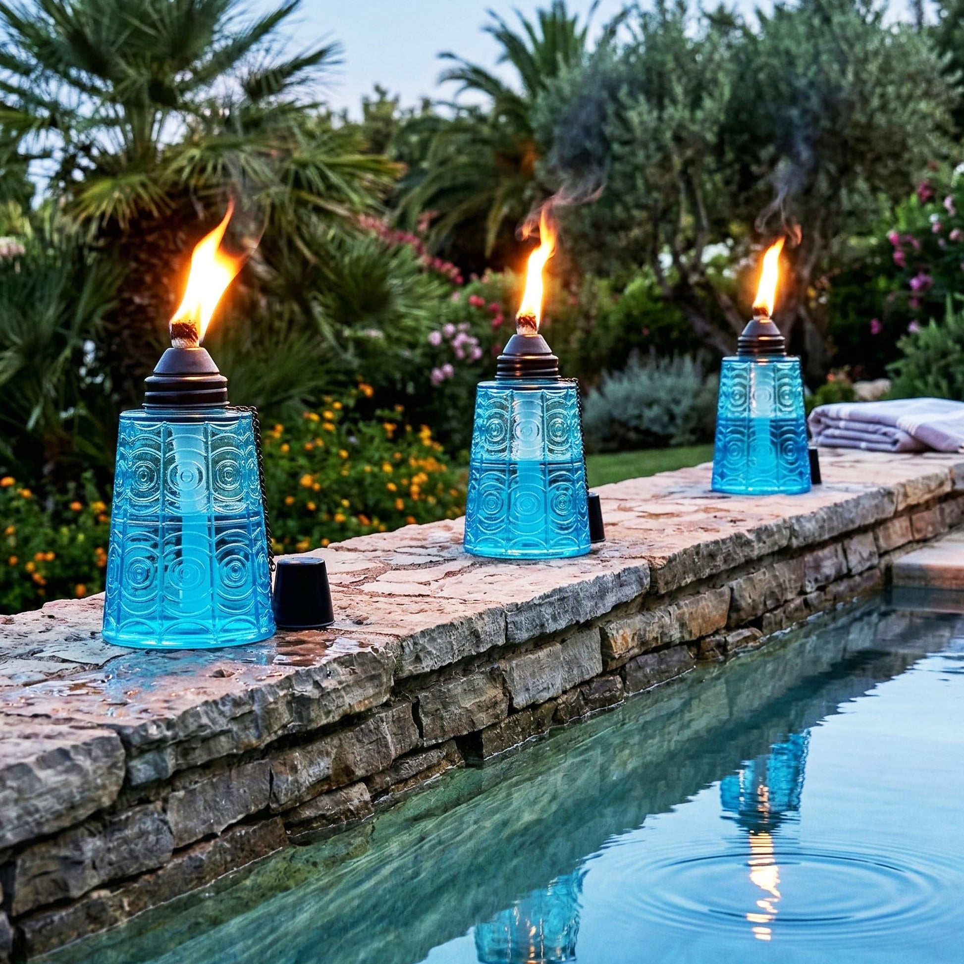 Citronella Table Top Torches for Outdoor Patio, 16oz Decorative Glass Torch Citronella Candles for Outside Deck, Garden, Parties, Set of 3, Blue - Blue - PT06