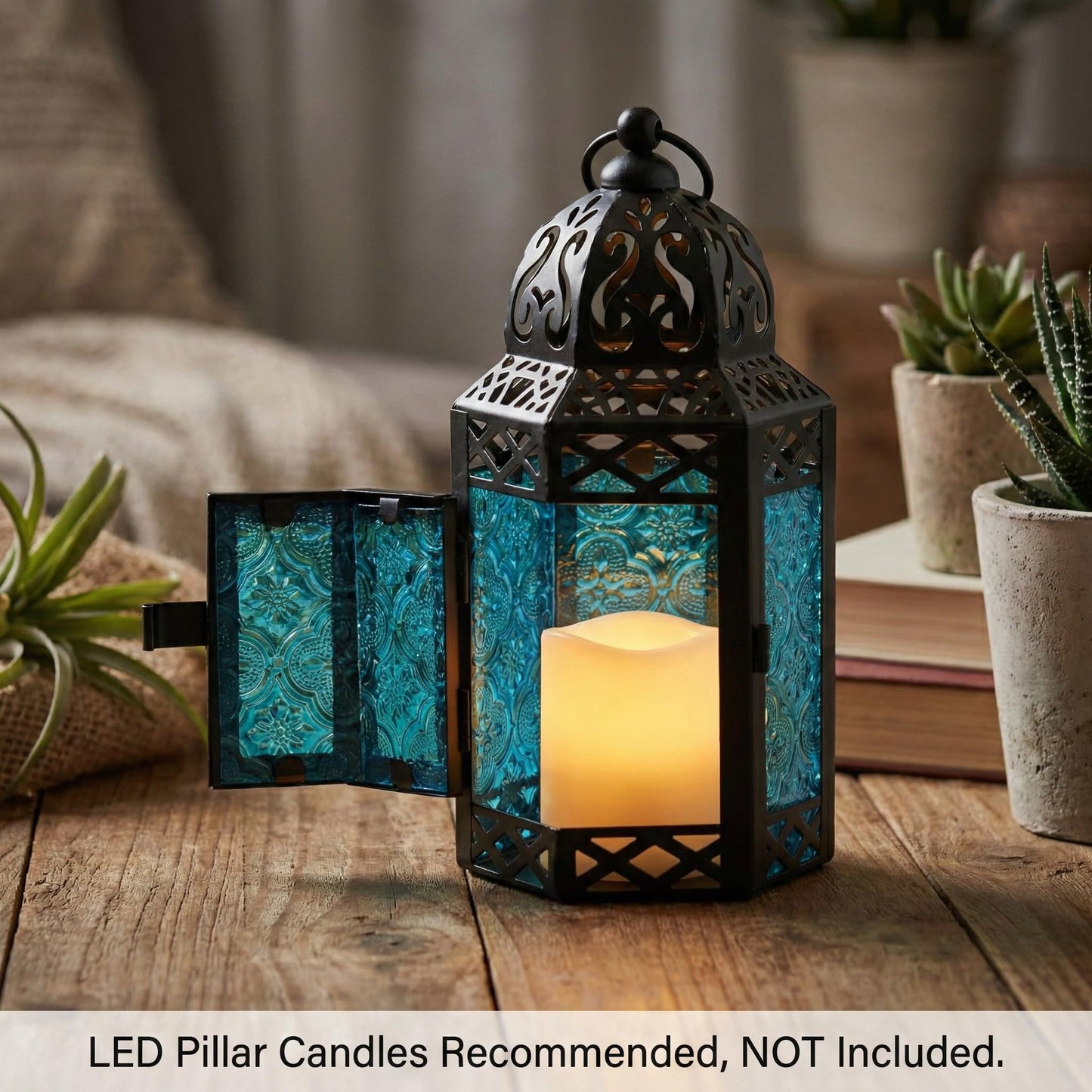 Black Metal Decorative Moroccan Lantern Candle Holder Lamp - Indoor/Outdoor, Home Decor, Patio, Weddings, Christmas - Blue Small - PT07