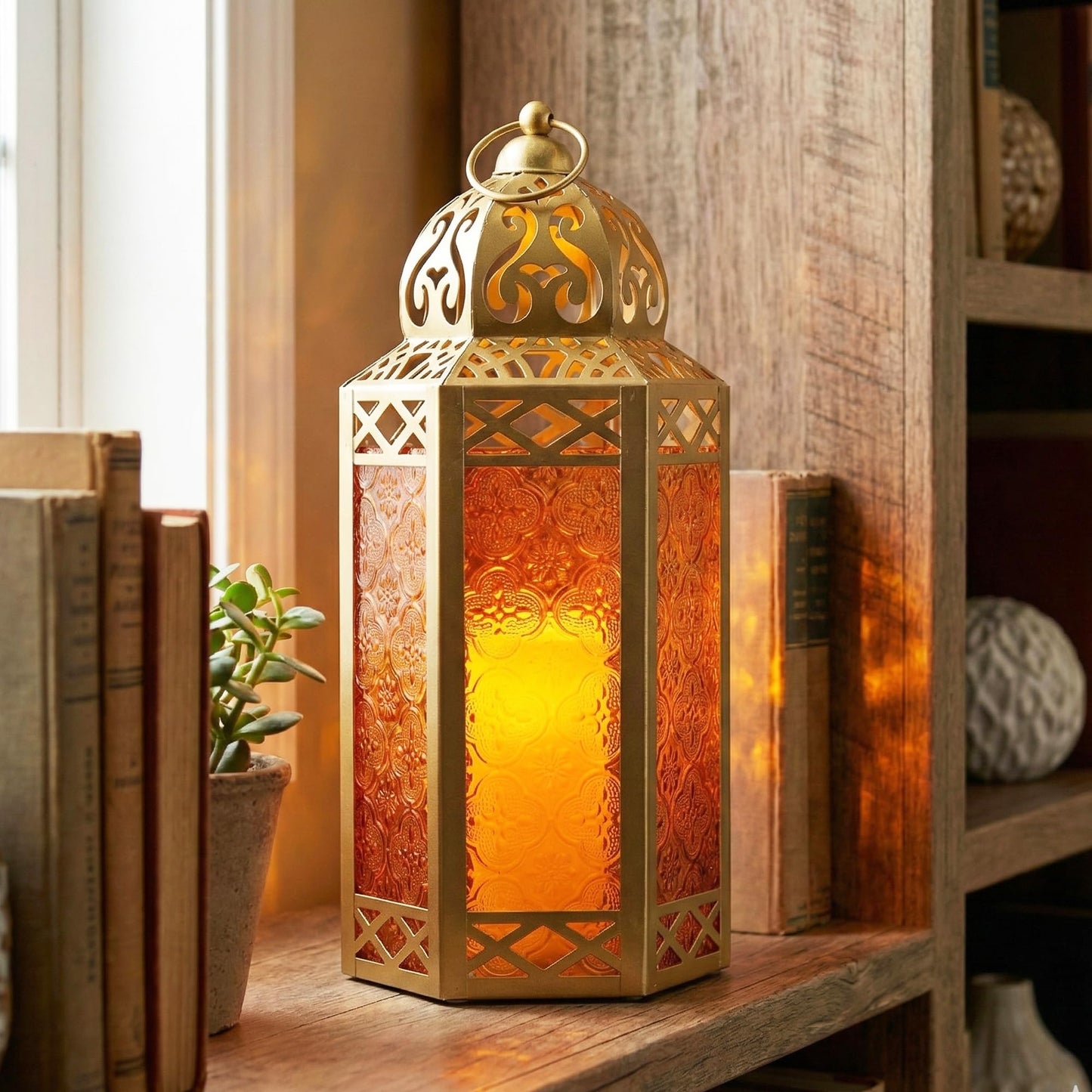 Gold Metal Decorative Moroccan Lantern Candle Holder Lamp - Indoor/Outdoor, Home Decor, Patio, Weddings, Christmas - Gold/Amber Large - PT05