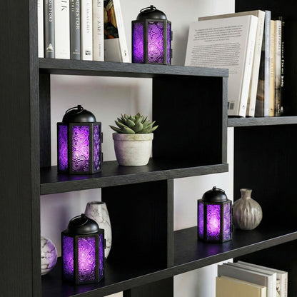 Mini Moroccan Tea Light Candle Holder Lanterns – 4.25" Small Decorative Lantern for Table or Hanging, Metal with Glass Panels – Ramadan, Wedding, Home Decor, Ro - Royal Purple 4 - PT01