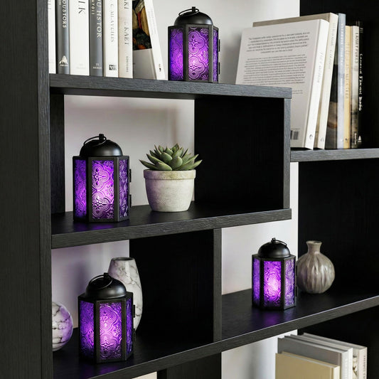 Mini Moroccan Tea Light Candle Holder Lanterns – 4.25" Small Decorative Lantern for Table or Hanging, Metal with Glass Panels – Ramadan, Wedding, Home Decor, Ro - Royal Purple 4 - PT01