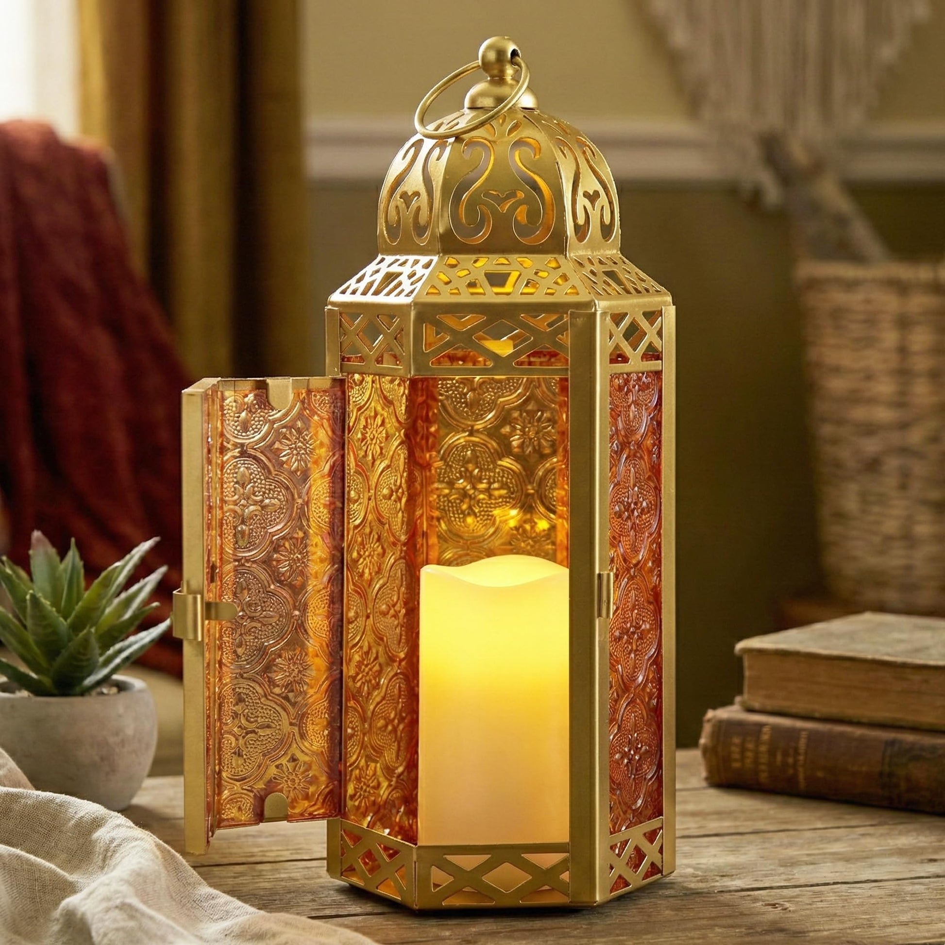 Gold Metal Decorative Moroccan Lantern Candle Holder Lamp - Indoor/Outdoor, Home Decor, Patio, Weddings, Christmas - Gold/Amber Medium - PT06