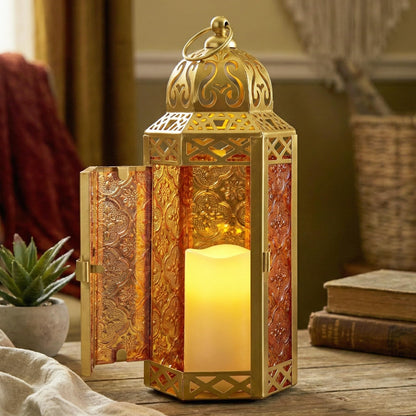 Gold Metal Decorative Moroccan Lantern Candle Holder Lamp - Indoor/Outdoor, Home Decor, Patio, Weddings, Christmas - Gold/Amber Medium - PT06