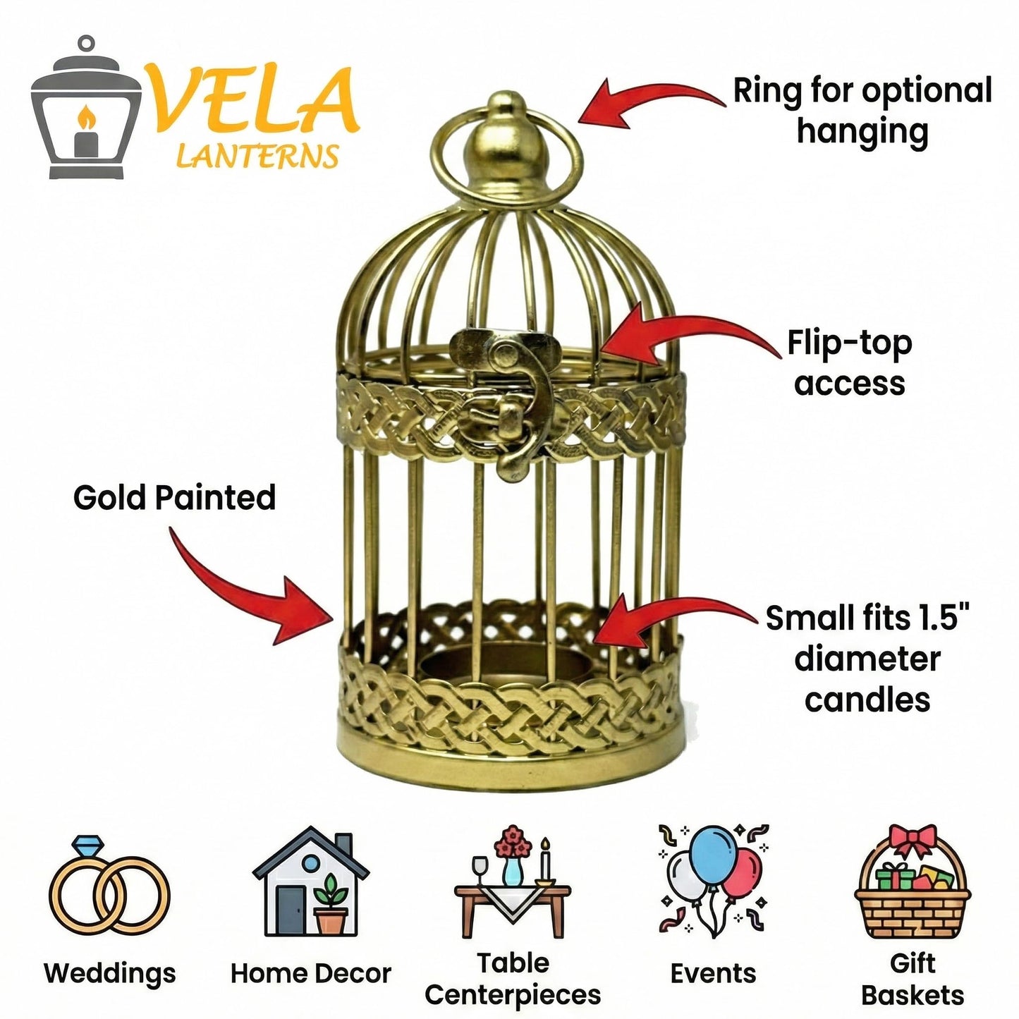 Birdcage Candle Lantern Set - Gold Small - PT04