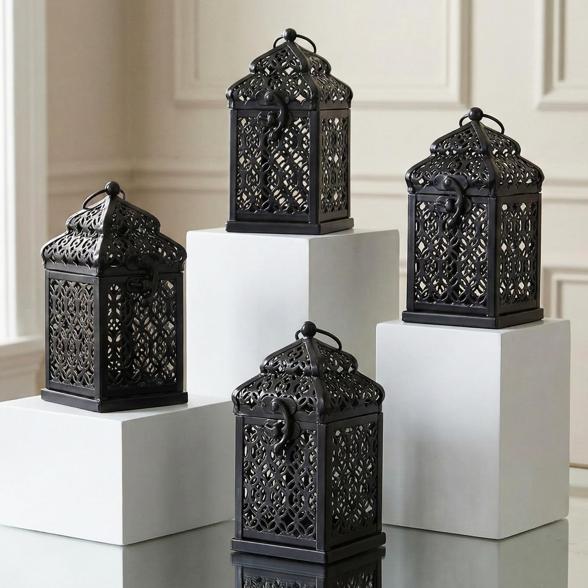 Mini Golden Tower Temple Moroccan Lantern Lamp Decorative Candle Holders for Ramadan Decorations, Hanging, Outdoor Patio or Porch, Indoor Home Decor, Set of 4 - Black Mini - MAIN