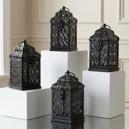 Mini Golden Tower Temple Moroccan Lantern Lamp Decorative Candle Holders for Ramadan Decorations, Hanging, Outdoor Patio or Porch, Indoor Home Decor, Set of 4 - Black Mini - MAIN
