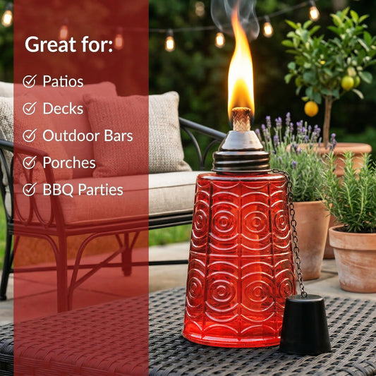 Citronella Table Top Torches for Outdoor Patio, 16oz Decorative Glass Torch Citronella Candles for Outside Deck, Garden, Parties, Set of 3, Red - Red - PT01