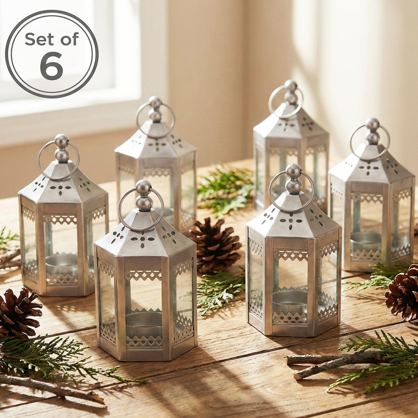 6pc Mini Small 4.5 Inch Metal Moroccan Lanterns Decorative Candle Tealight Holders for Centerpieces, Ramadan, Home Decor, Weddings, Silver - Silver Set of 6 - PT05