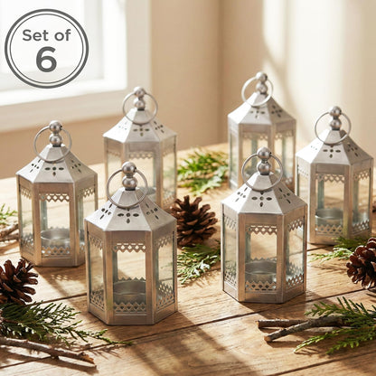 6pc Mini Small 4.5 Inch Metal Moroccan Lanterns Decorative Candle Tealight Holders for Centerpieces, Ramadan, Home Decor, Weddings, Silver - Silver Set of 6 - PT05