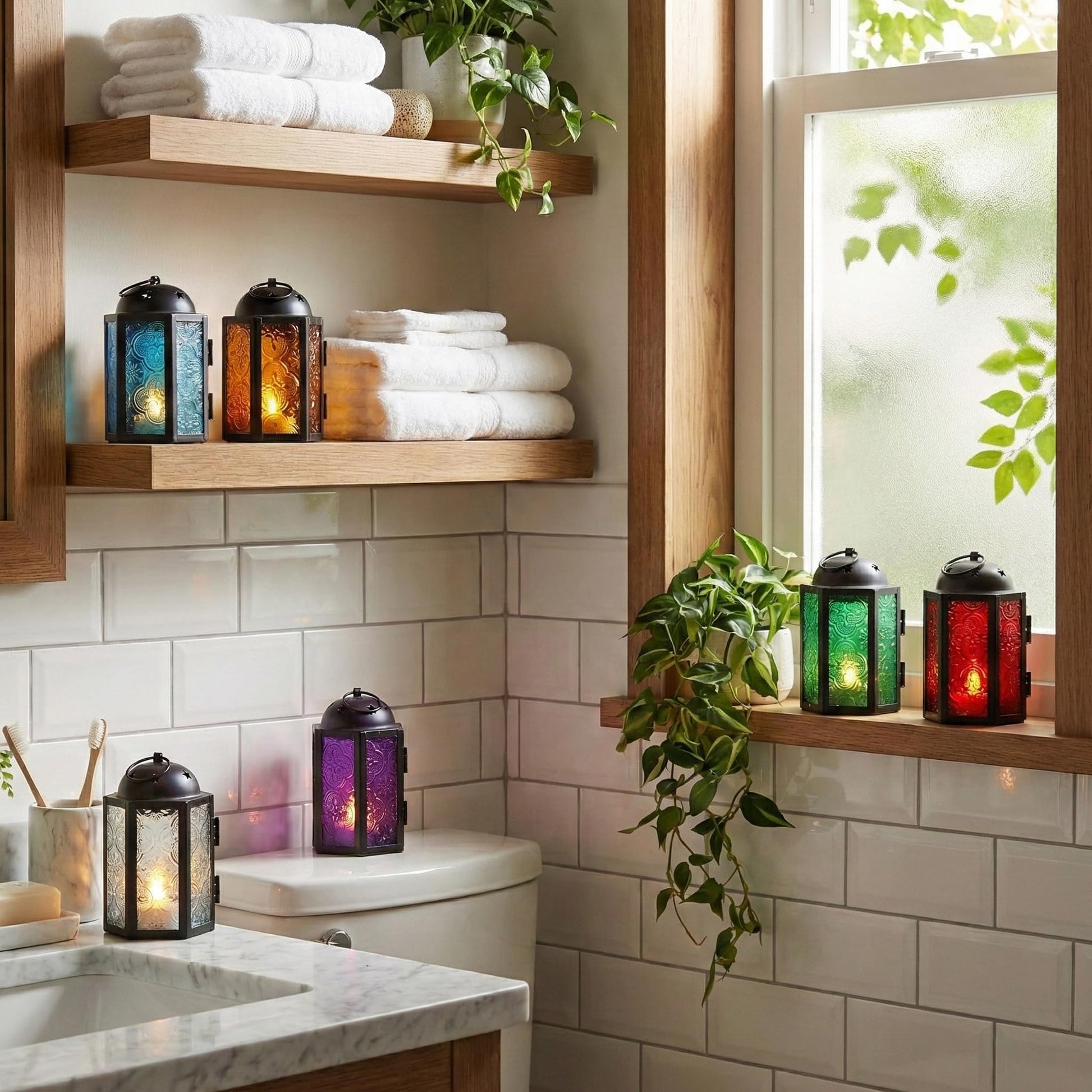 Mini Moroccan Tea Light Candle Holder Lanterns – 4.25" Small Decorative Lantern for Table or Hanging, Metal with Glass Panels – Ramadan, Wedding, Home Decor, As - Assorted Colors 6 - PT08