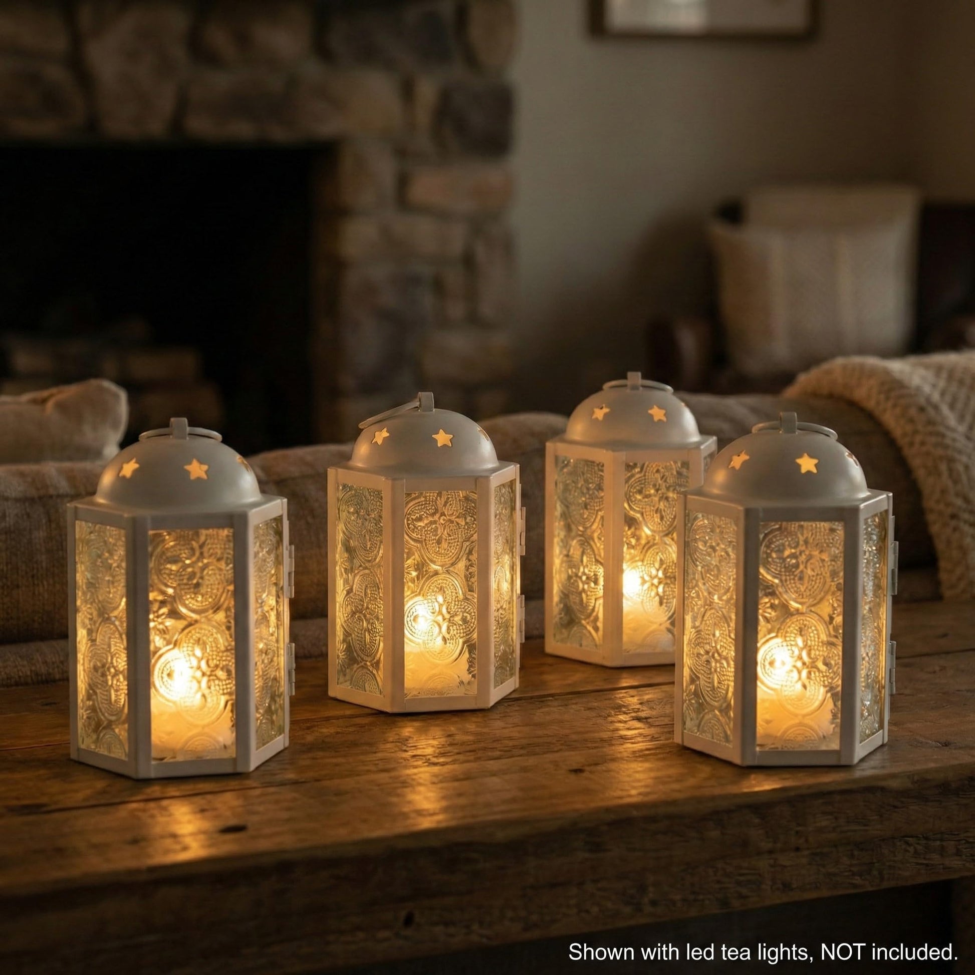Mini Moroccan Tea Light Candle Holder Lanterns – 4.25" Small Decorative Lantern for Table or Hanging, Metal with Glass Panels – Ramadan, Wedding, Home Decor, Ma - Matte White 4 - PT02