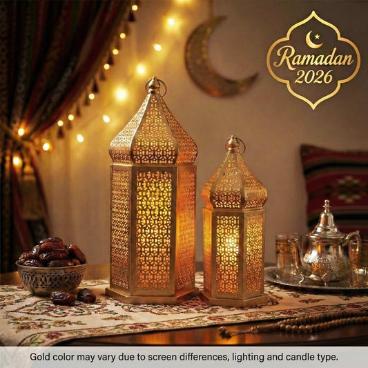 Tower Temple Moroccan Lantern Lamp Decorative Candle Holders - Gold Set of 2 - PT01