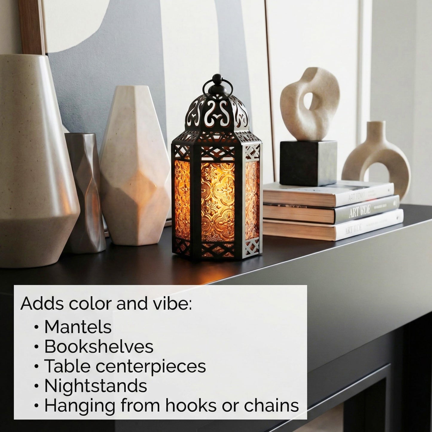 Black Metal Decorative Moroccan Lantern Candle Holder Lamp - Indoor/Outdoor, Home Decor, Patio, Weddings, Christmas - Amber Small - PT03