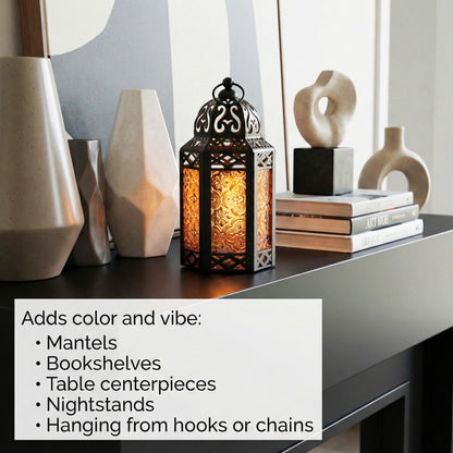 Black Metal Decorative Moroccan Lantern Candle Holder Lamp - Indoor/Outdoor, Home Decor, Patio, Weddings, Christmas - Amber Small - PT03