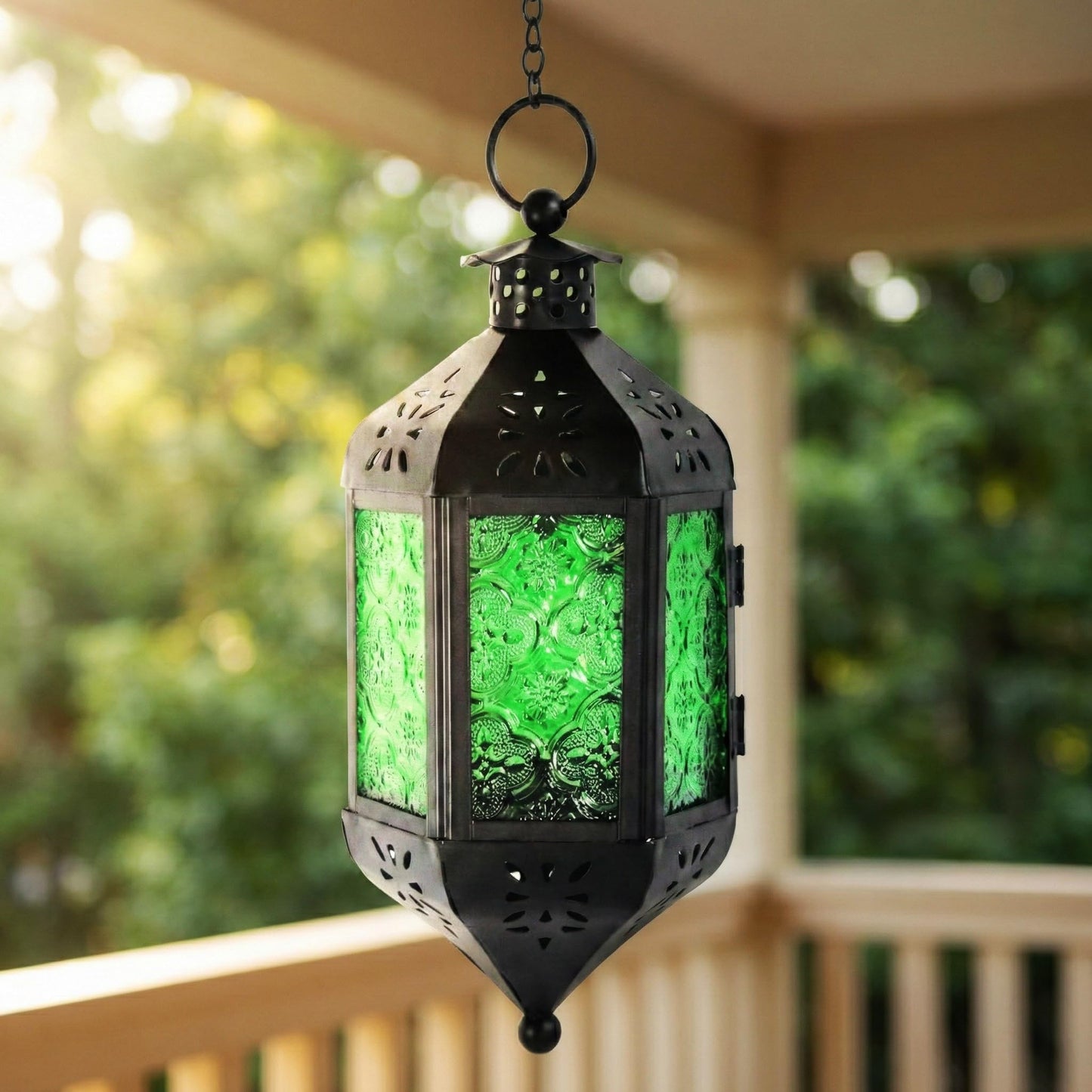 Hanging Moroccan Decorative Candle Lantern Holders for Outdoor Décor - Emerald Green Hanging - PT06