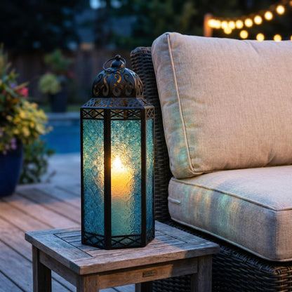 Black Metal Decorative Moroccan Lantern Candle Holder Lamp - Indoor/Outdoor, Home Decor, Patio, Weddings, Christmas - Blue Extra Large - PT07