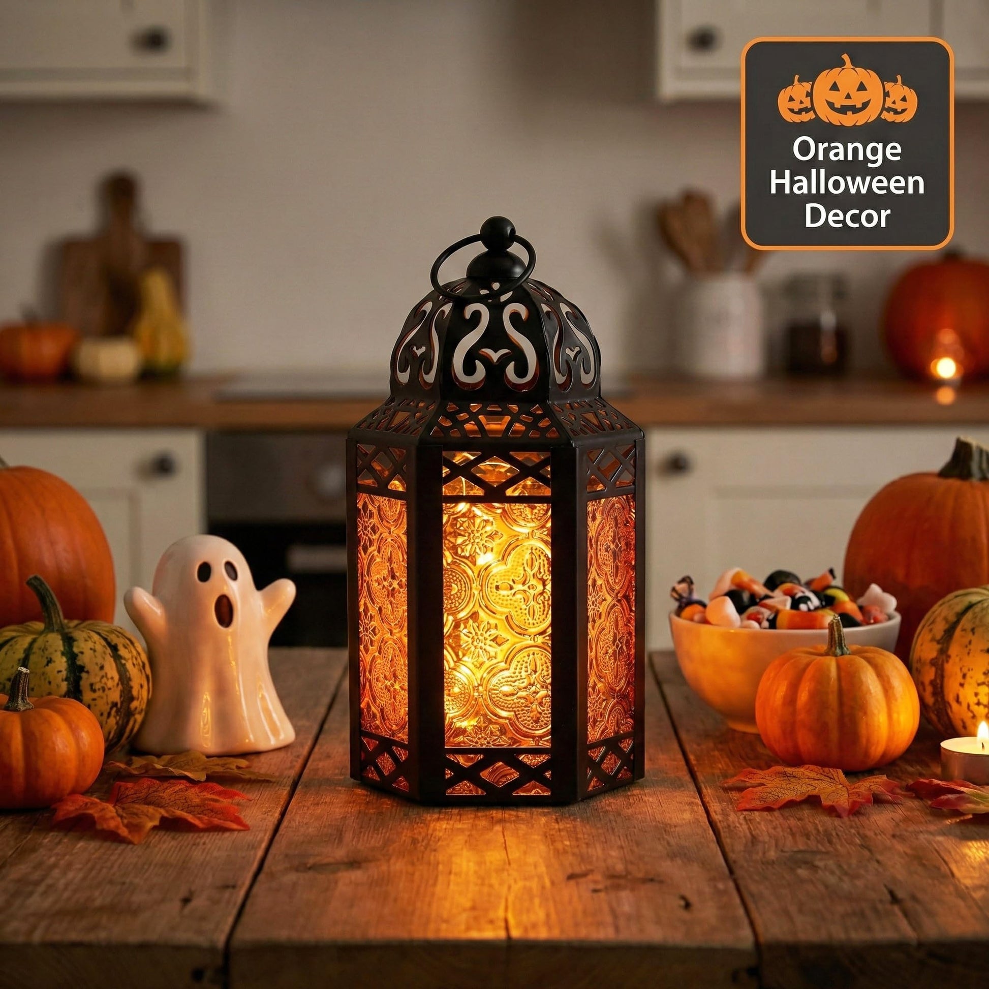 Black Metal Decorative Moroccan Lantern Candle Holder Lamp - Indoor/Outdoor, Home Decor, Patio, Weddings, Christmas - Amber Small - PT07
