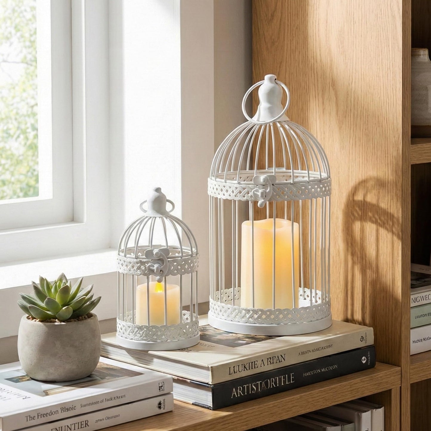 Birdcage Candle Lantern Set - White Large and Small - PT08