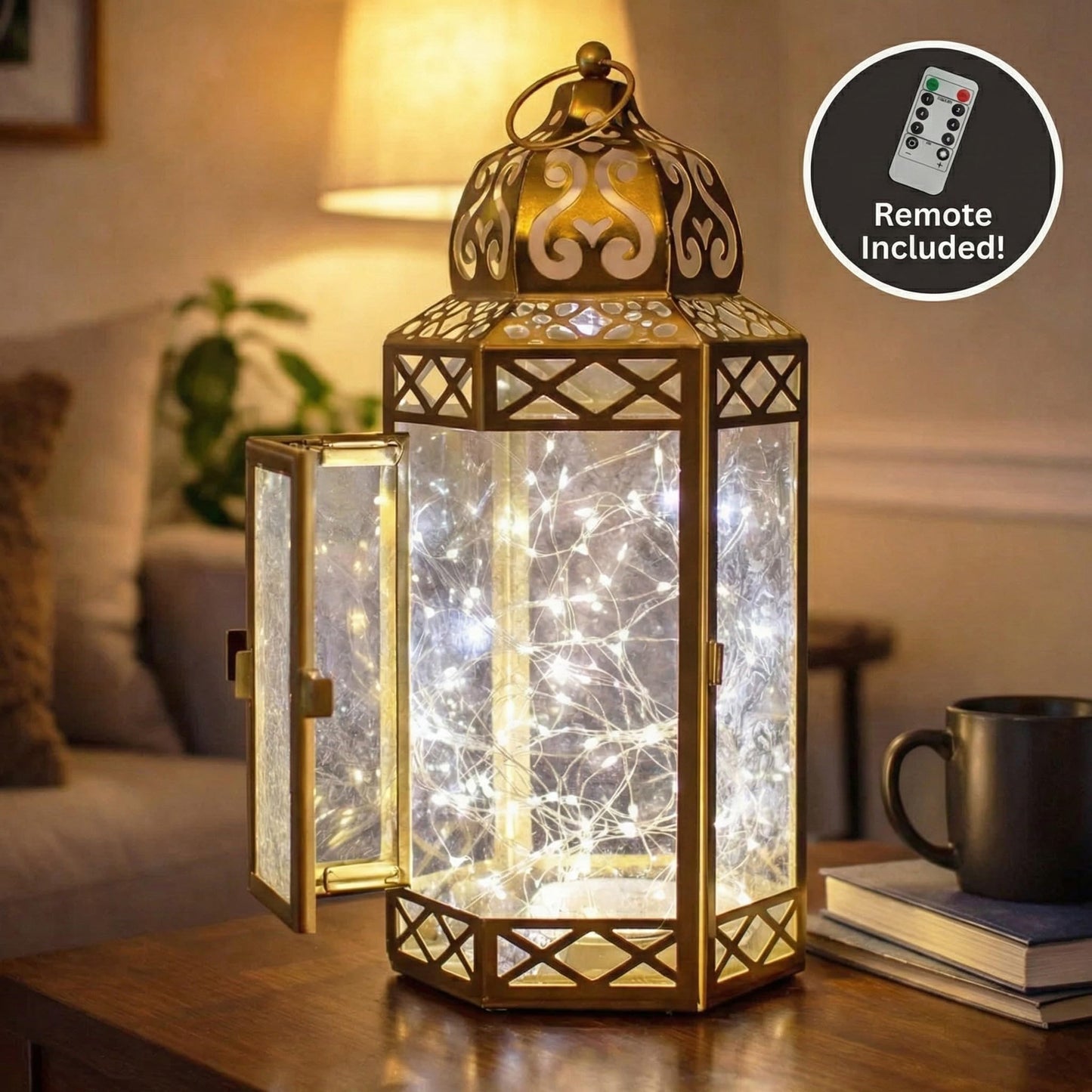 12” Gold Metal Moroccan Decorative Candle Lantern with White LED Twinkle Fairy Lights & Remote – Wedding Table Centerpieces, Ramadan, Indoor Home Decor, Outdoor - Gold Large - PT03