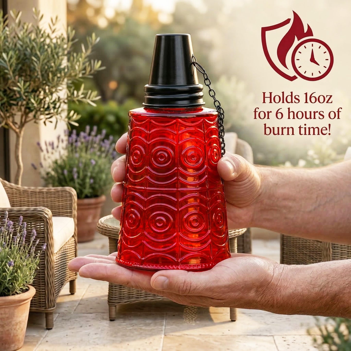 Citronella Table Top Torches for Outdoor Patio, 16oz Decorative Glass Torch Citronella Candles for Outside Deck, Garden, Parties, Set of 3, Red - Red - PT02