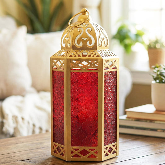 Gold Metal Decorative Moroccan Lantern Candle Holder Lamp - Indoor/Outdoor, Home Decor, Patio, Weddings, Christmas - Gold/Red Large - MAIN