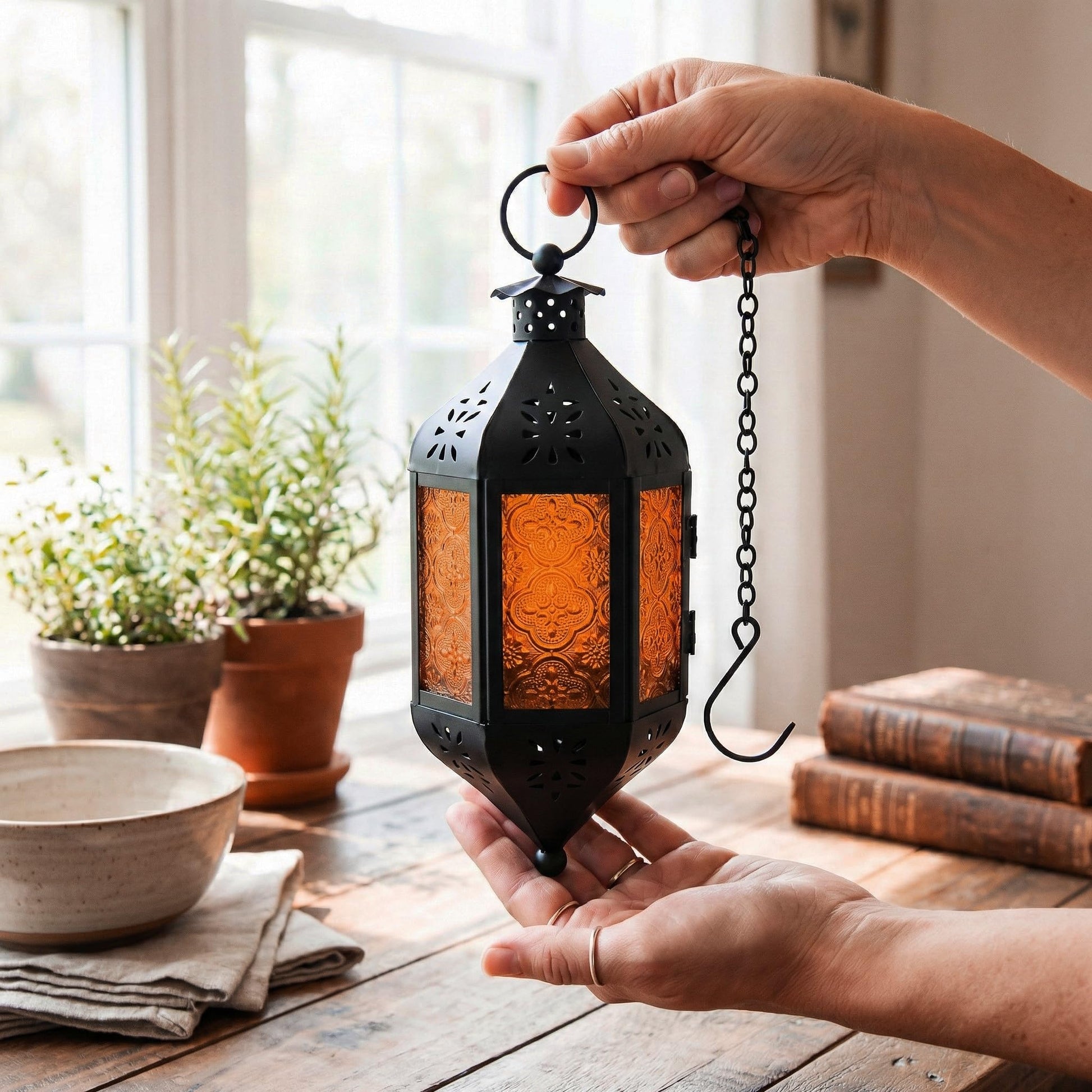 Hanging Moroccan Decorative Candle Lantern Holders for Outdoor Décor - Amber Orange Hanging - PT03